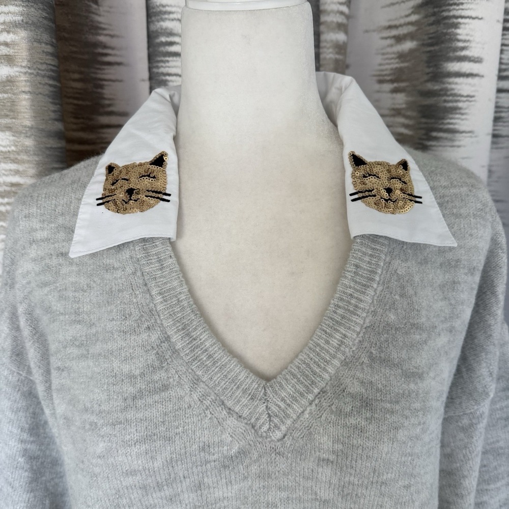 Maeve Anthropologie V Neck Sweater Women's Sz M Grey Sequins Patch Drop Shoulder